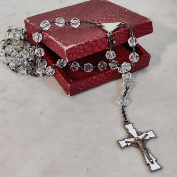 Vintage MCM Silver and Enamel Catholic Rosary Original Box - Picture 2 of 15